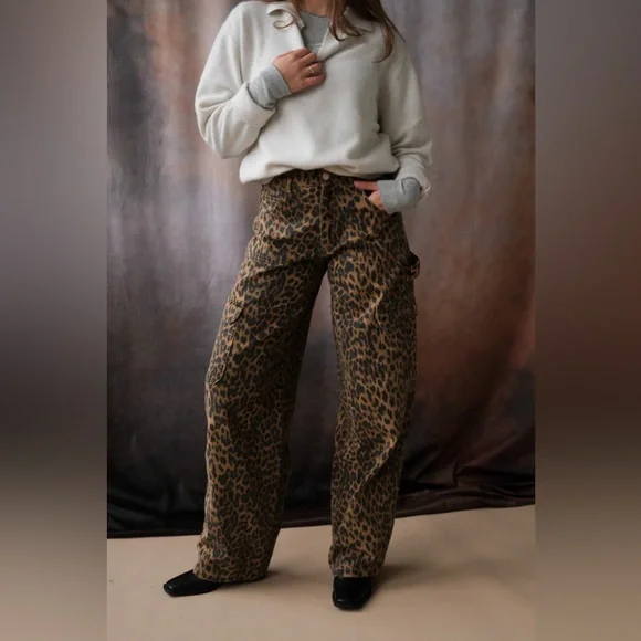 Damson Madder Cargo Denim Jeans Leopard Print Loose Baggy Fit Size 12 - Picture 1 of 8